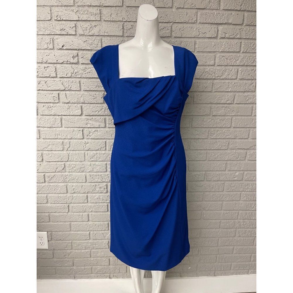 Tahari Arthur S Levine Royal Blue Foldover Front Side Ruched Sheath Dress 10